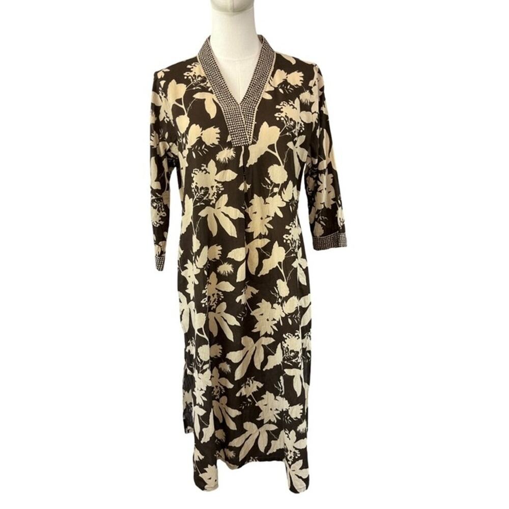 Max Brown Cream Floral Tunic Dress Size M/L India Made Vacation Boho Summer